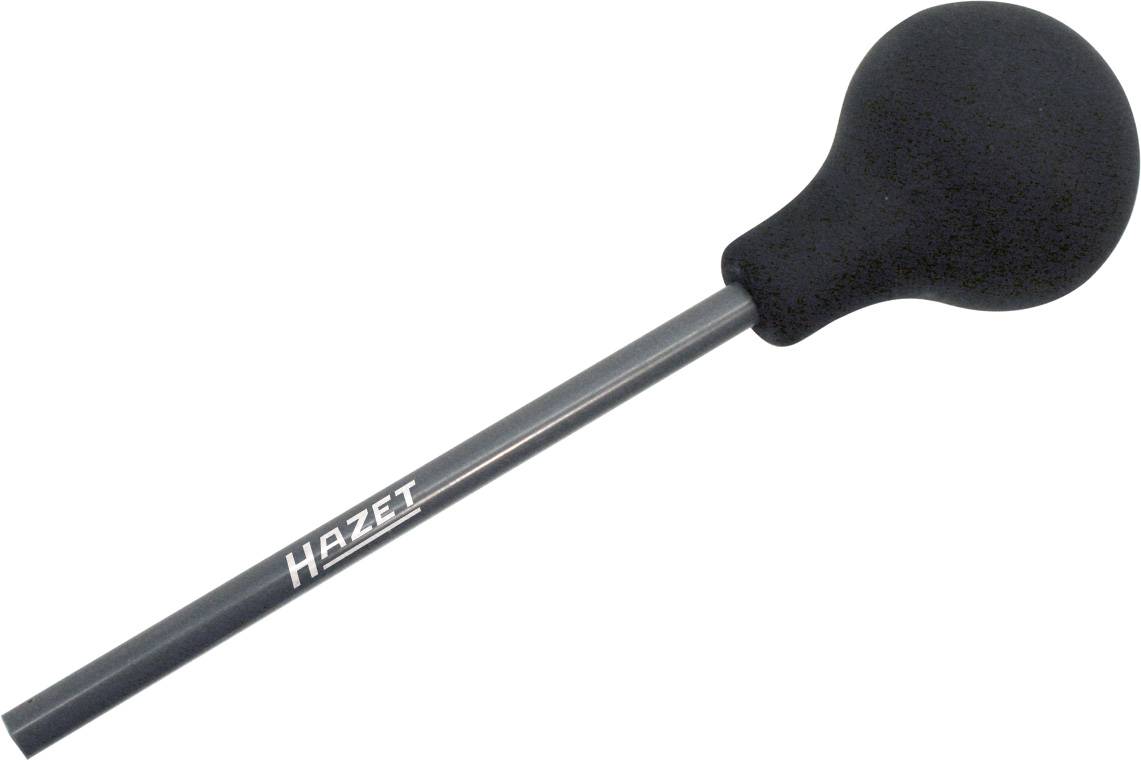 Rubberen hamer met een ronde kop en een lange steel. Merknaam 'Hazet' op de steel. Geschikt voor voorzichtig hameren in de werkplaats.