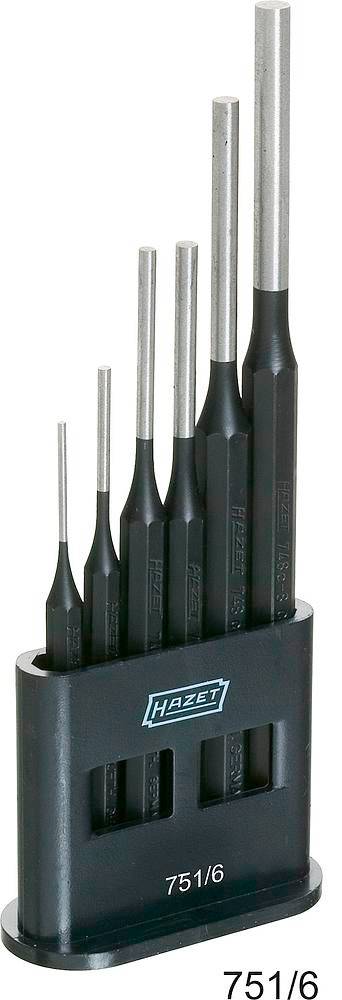 Een zesdelig ponstangen-set van Hazet in houder, bestaande uit metalen pinnen van verschillende afmetingen.