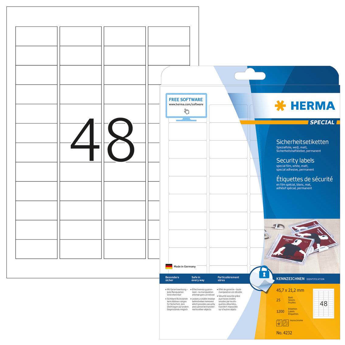 Herma 4232 Veiligheidsetiketten 45.7 x 21.2 mm Folie, mat Wit 1200 stuk(s) Extra sterk hechtend Laser (zwart/wit), Kopië-1