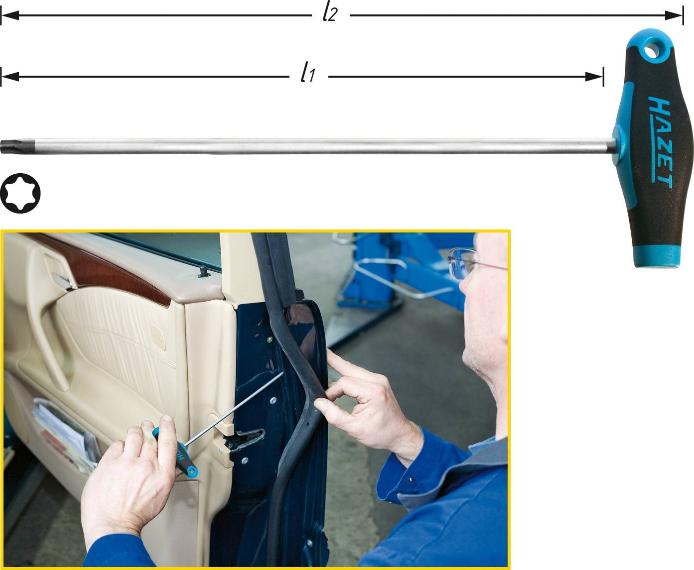 'Gereedschap: T-sleutel van Hazet, wordt gebruikt door één persoon om een schuifdeur van een auto te repareren, gedetailleerde weergave van de toepassing.'