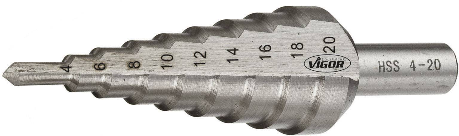 Stalen trapsgewijze boor met diametermarkeringen van 4 tot 20 mm, geschikt voor metaalbewerkingen.