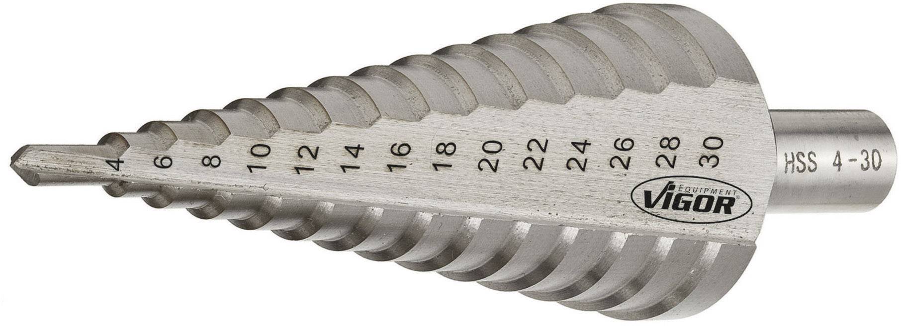 Een zilveren stapsgewijze boor met markeringen van 4 tot 30 millimeter, geschikt voor metaalbewerking. Merk 'VIGOR'.