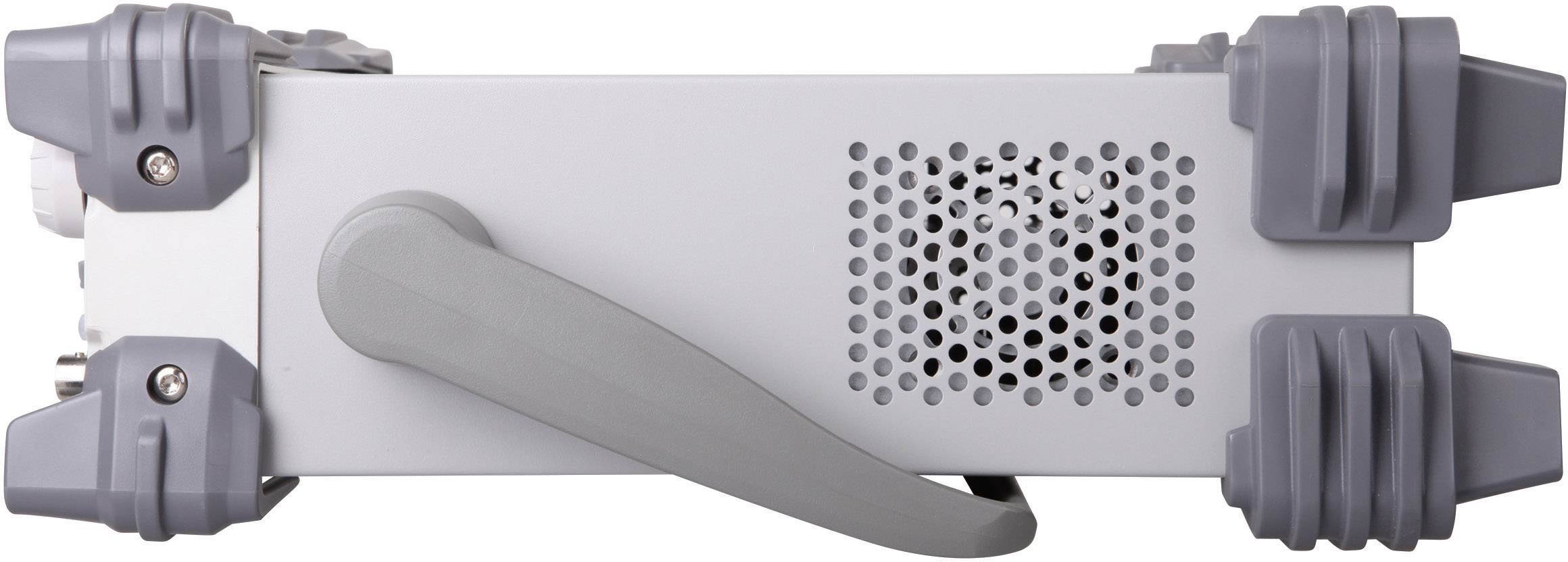 Een elektronisch apparaat met grijze rubberen hoeken en een handgreep, licht gekanteld. Zijaanzicht toont ventilatieopeningen.