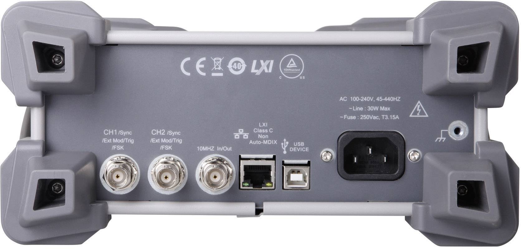 Achterkant van een elektronisch apparaat met aansluitingen: twee coaxiale aansluitingen, USB-poort, Ethernet-aansluiting en netstroomaansluiting.