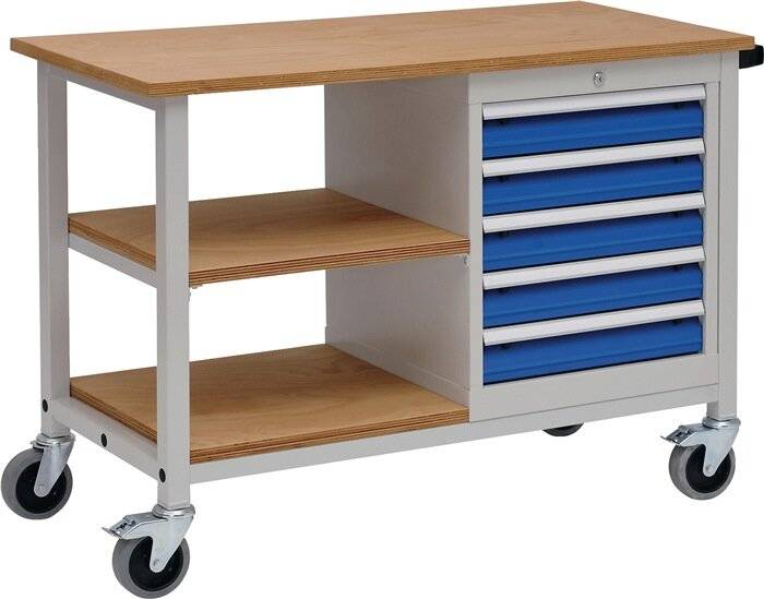 Werkbank B1200xD540xH880mm beukenhout multiplex lichtgrijs / signaalblauw 5 lade