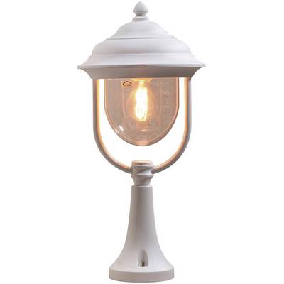 Witte buitenlantaarn met klassiek design en zichtbare lichtbron die warm licht uitstraalt. Ideaal voor tuin- of terrasverlichting.