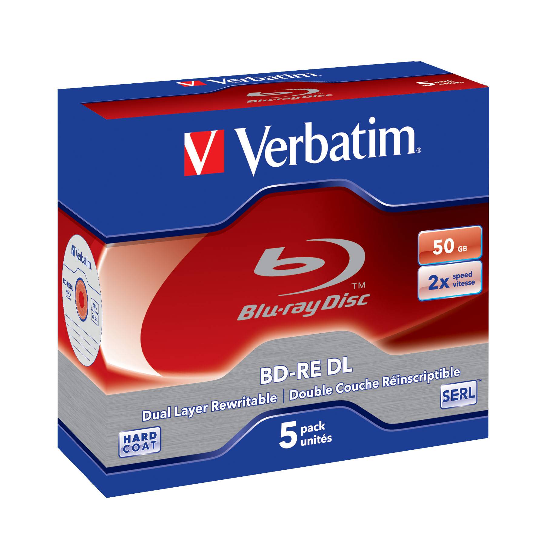 1x5 Verbatim BD-RE Blu-Ray 50GB 2x snelheid, wit blauw oppervlak JC-1