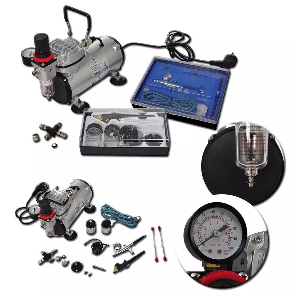 vidaXL - Airbrush-compressorset - met - 2 - pistolen-1