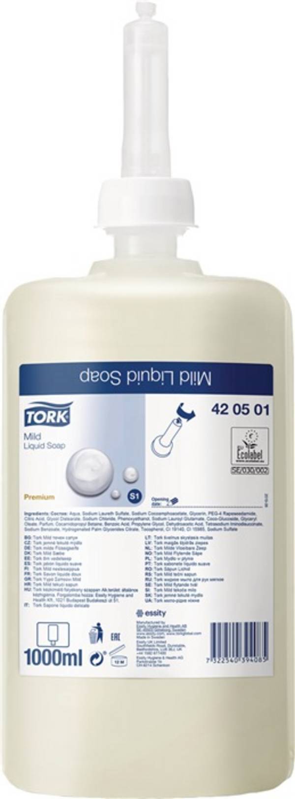 Handzeep Tork S1 vloeibaar mild geparfurmeerd parelwit 1000ml 420501