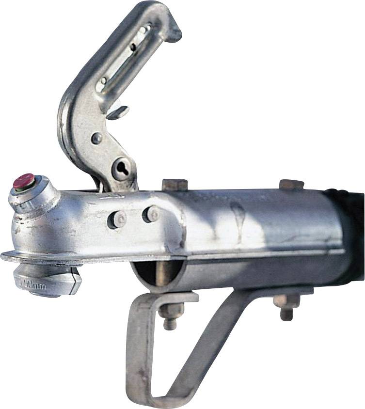 Metalen adapter met hefboombeweging en bout, waarschijnlijk deel van een bevestigingssysteem. Voornamelijk in chroomafwerking.