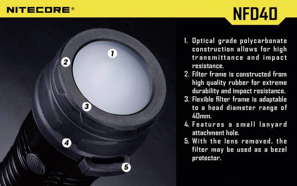 NiteCore NITNFD40 Diffusor  MH25, EA4, P25, P16, P15, SRT7, CR6, CG6, CB6, CI6, CU6 en zaklampen met een Ø 39 - 42 mm
