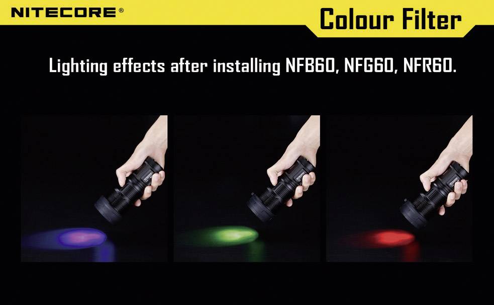 'Zaklamp met kleurfilters. Links blauw licht, in het midden groen licht, rechts rood licht na het plaatsen van NFB60, NFG60, NFR60 filters.'