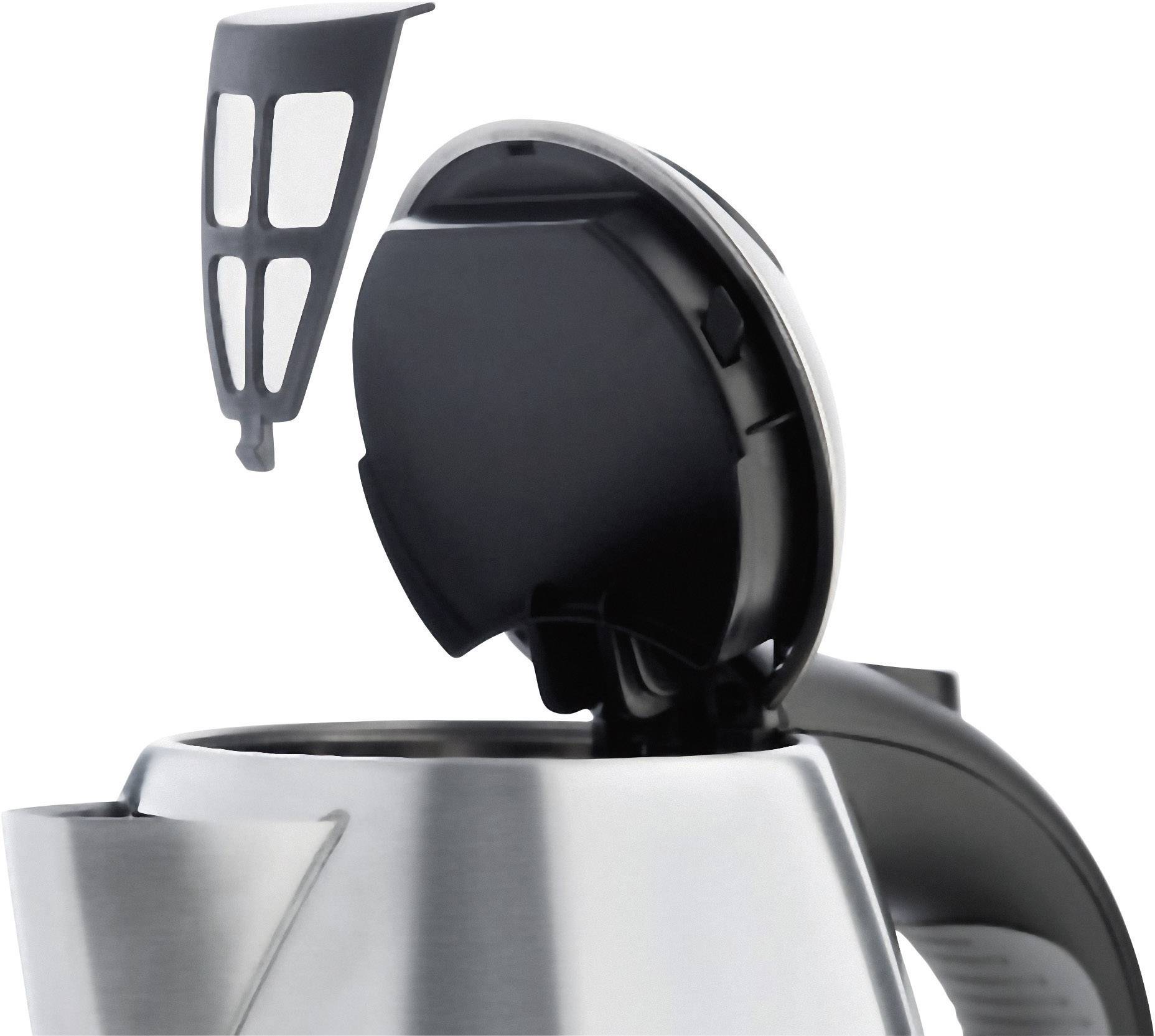 Een geopende waterkoker van roestvrij staal met verwijderde kalkverzamelaar. Het deksel is volledig opengeklapt en de filter zweeft erboven.