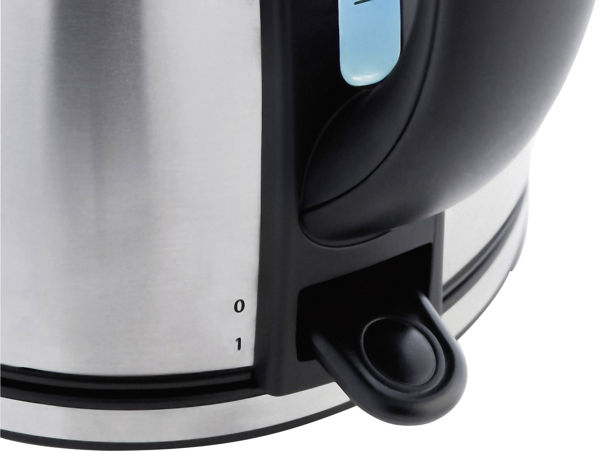 Een elektrische waterkoker van roestvrij staal met waterniveauaanduiding en aan-/uitschakelaar.