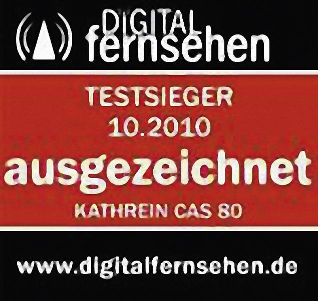 De afbeelding toont een logo met de tekst 'Digitale Televisie'. Daaronder staat 'Testwinnaar 10.2010', 'onderscheiden', 'Kathrein CAS 80'.