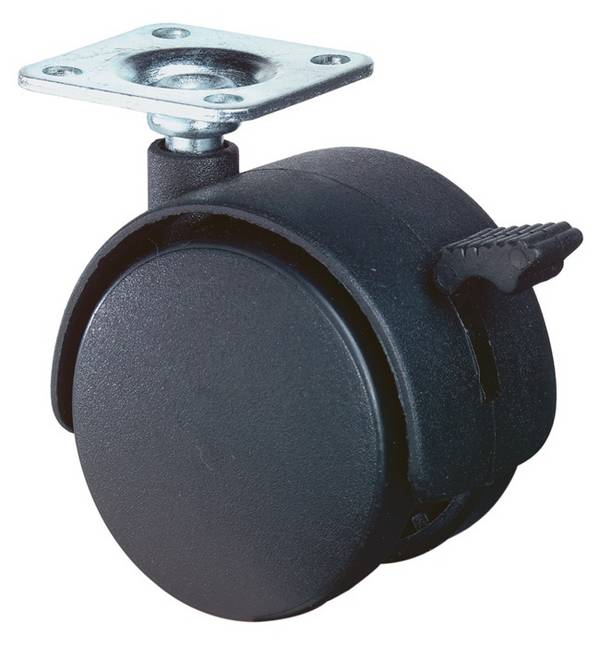 Dubbel zwenkwiel met rem wiel d. 50 mm draagvermogen 40 kg met bevestigingsplaat