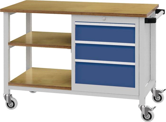Werkbank B1200xD540xH880 mm beuken multiplex lichtgrijs / signaalblauw 3 laden