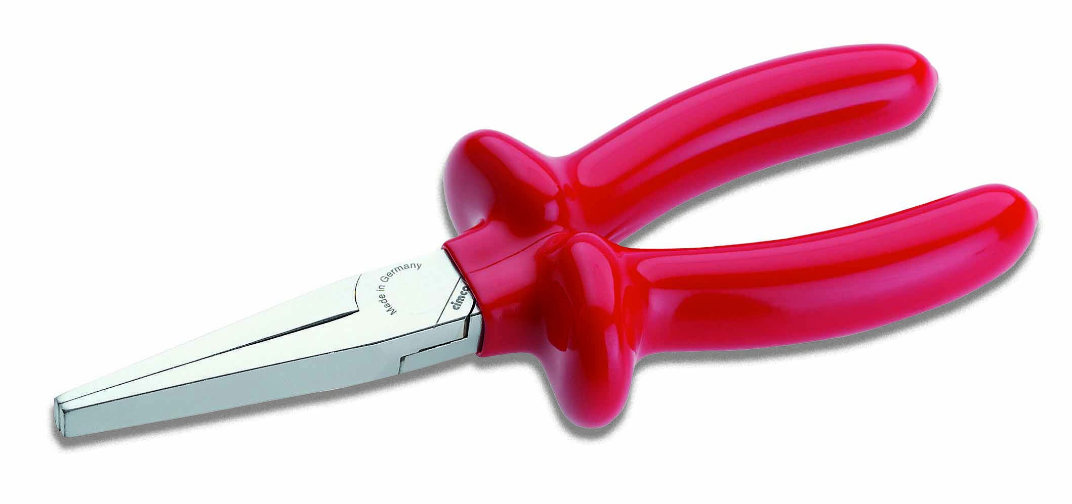 Een rode platbektang met geïsoleerde handgrepen ligt op een witte achtergrond. Hij wordt vaak gebruikt voor precisiewerk.