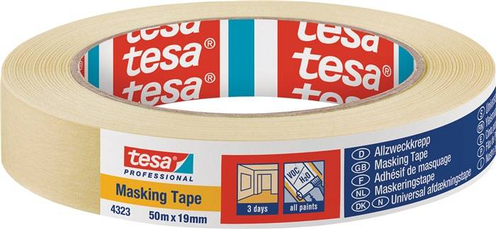 Afplakband 4323 licht gecrêpt lichtbeige lengte 50 m breedte 19 mm wiel TESA