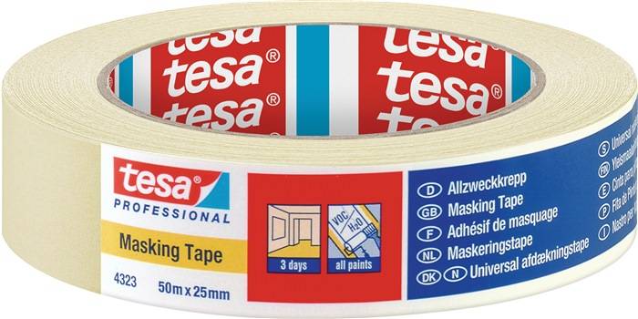 Afplakband 4323 licht gecrêpt lichtbeige lengte 50 m breedte 25 mm wiel TESA