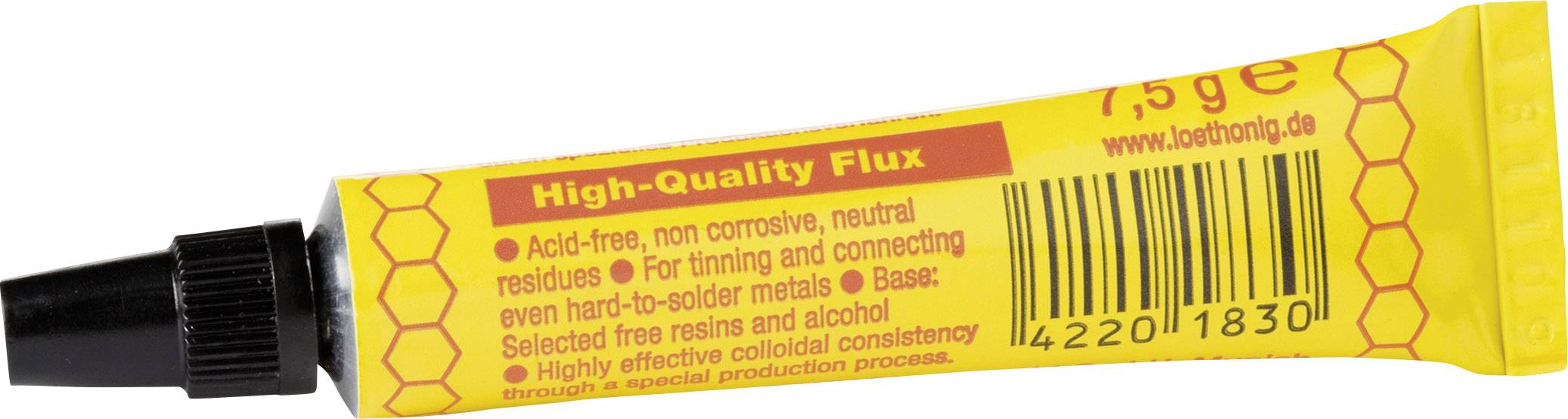 Gele tube 'High-Quality Flux' met rode opdruk. Zuurvrij, neutraal, geschikt voor metalen. Bevat harsen en alcohol.