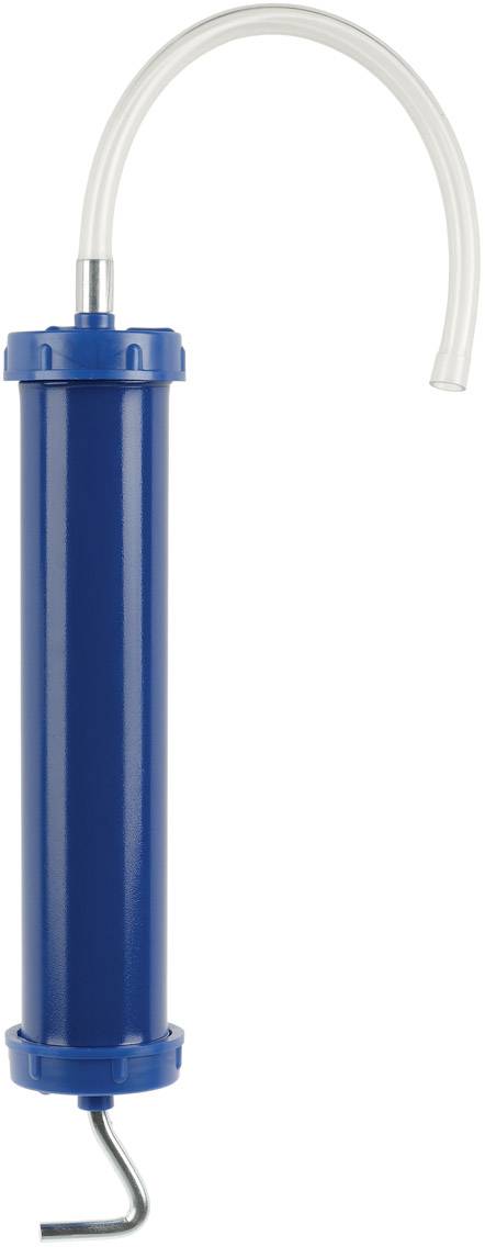 Blauwe olie-absorber met transparante slang en metalen haak, geschikt voor het opzuigen en aftappen van vloeistoffen in machines.