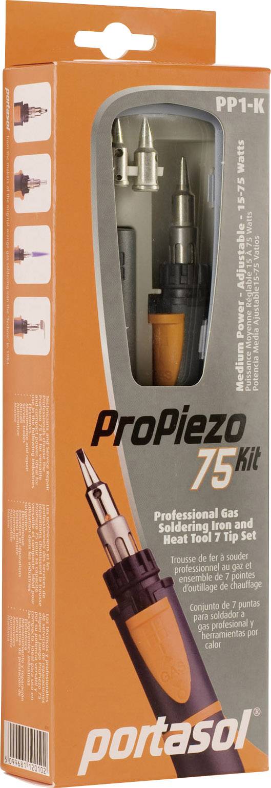 Verpakking van een ProPiezo 75 kit van Portasol, met een professioneel gassoldeerapparaat en 7 soldeerpunten.