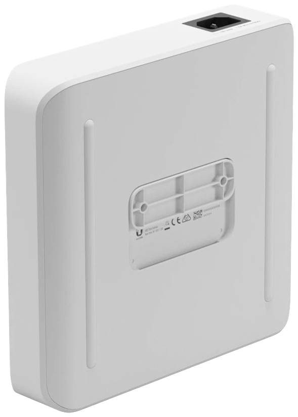 Een witte, vierkante WLAN-access point met licht afgeronde randen, geschikt voor wandmontage. Bovenaan bevindt zich een Ethernet-aansluiting.