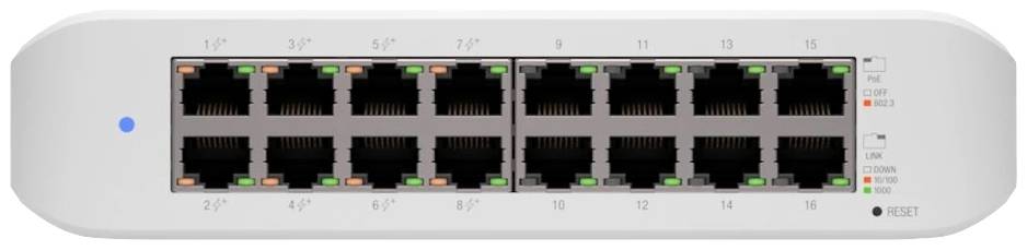 Een netwerk-switch met 16 Ethernet-poorten, genummerd van 1 tot 16. LED's geven de verbindingsstatus en activiteit per poort aan.
