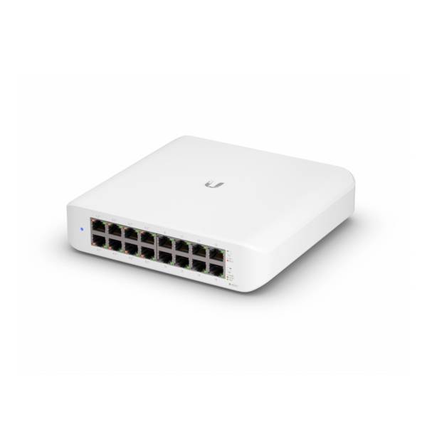 Een witte netwerk-switch met 16 Ethernet-poorten, geschikt voor het verbinden van meerdere apparaten in een lokaal netwerk.