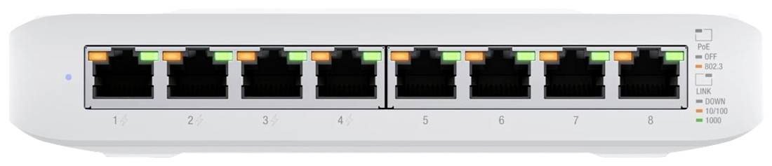 Een 8-poorts netwerk-switch met LED-indicatoren voor activiteit en status boven de Ethernet-poorten.