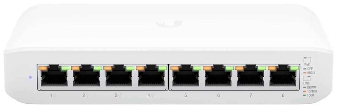 'Acht-poorts switch met LED-indicatoren, toont link- en gegevensoverdrachtsstatus.'