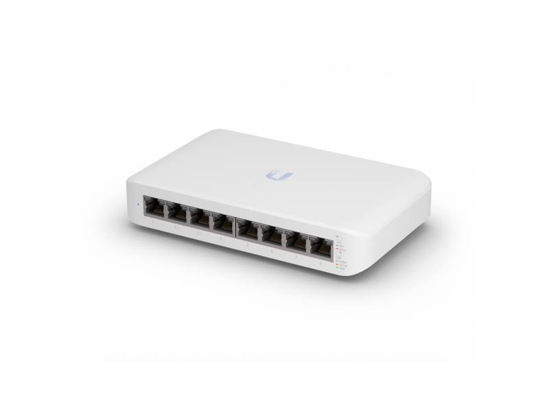 Witte netwerk-switch met acht Ethernet-poorten en statuslampjes aan de voorkant, van een bekende technologiemerknaam.