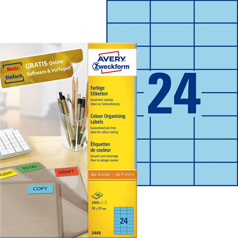 Avery Bestandsmaplabels Blauw 70 x 37 mm - 2400 labels (100 vellen x 24) (3449)