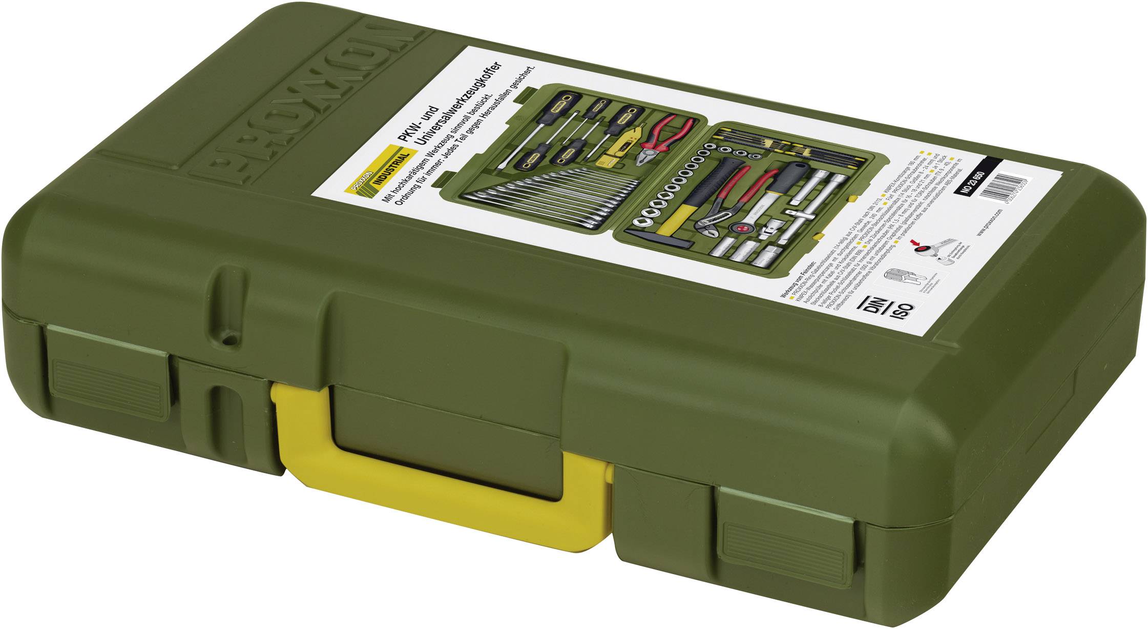 Een groene gereedschapskoffer met een gele handgreep. Op het etiket zijn verschillende gereedschappen afgebeeld, waaronder moersleutels en schroevendraaiers.