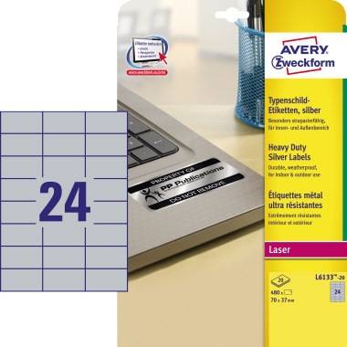 Avery Polyester Permanente Lijm Matte Zilver Naamlabels, 70 x 37 mm, 480 Labels (20 vellen x 24) L6133-20-0