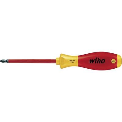 Schroevendraaier met rode en gele handgreep, isolatie voor veilig elektriciteitswerk, merk 'Wiha'.