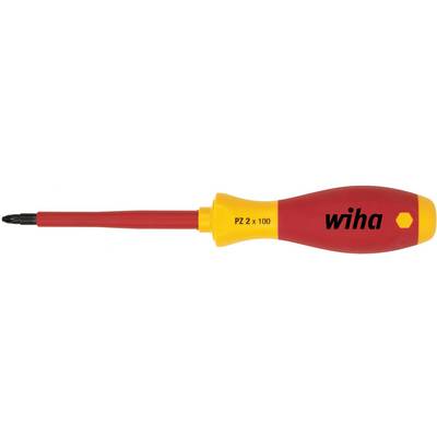 Een schroevendraaier met rode handgreep en geel uiteinde, gekenmerkt door 'PZ 2 x 100'. Het merk is 'wiha'.
