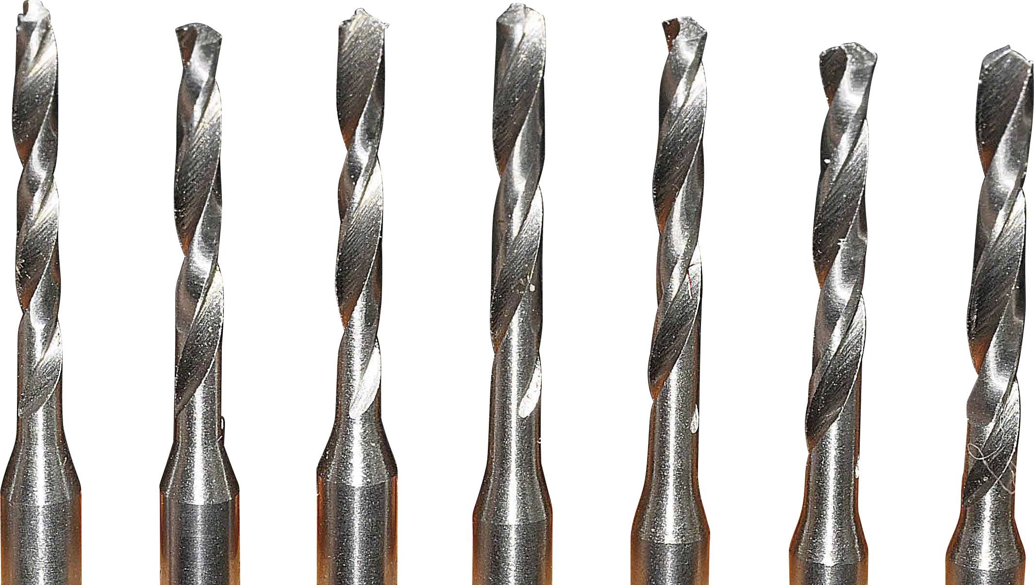 Acht metalen spiraalboorders naast elkaar op een rij, geplaatst op een witte achtergrond.