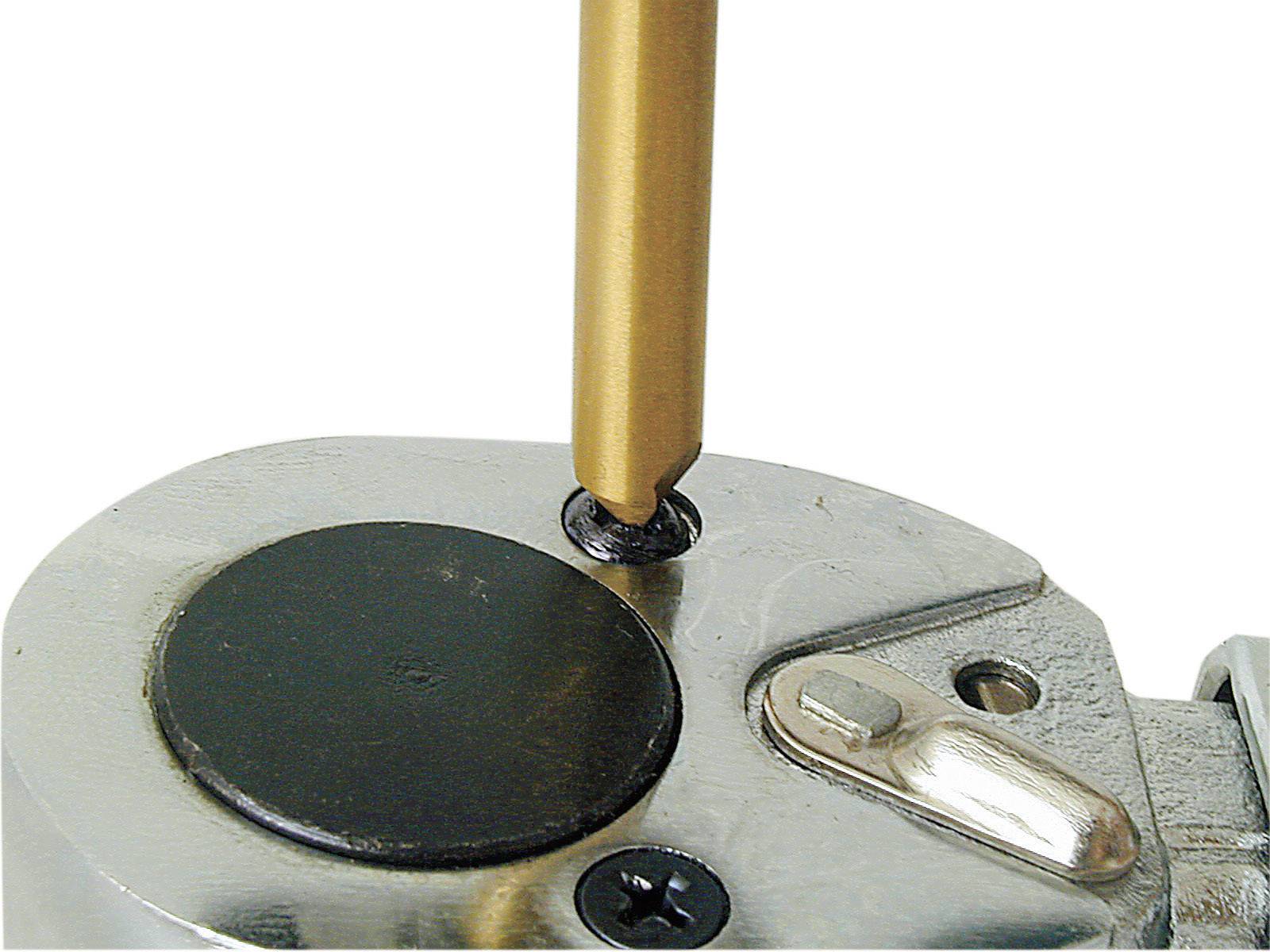 'Close-up van een ponsinzetstuk met titaniumcoating bij het ponsen van een gat in een metalen werkstuk.'