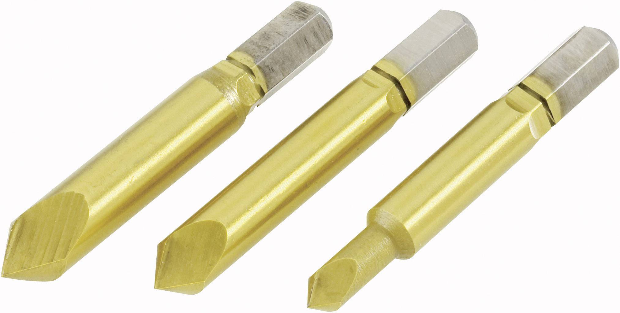 Drie goudkleurige, zeshoekige boren met verschillende diametergroottes. Ze zijn naast elkaar gerangschikt op een witte achtergrond.