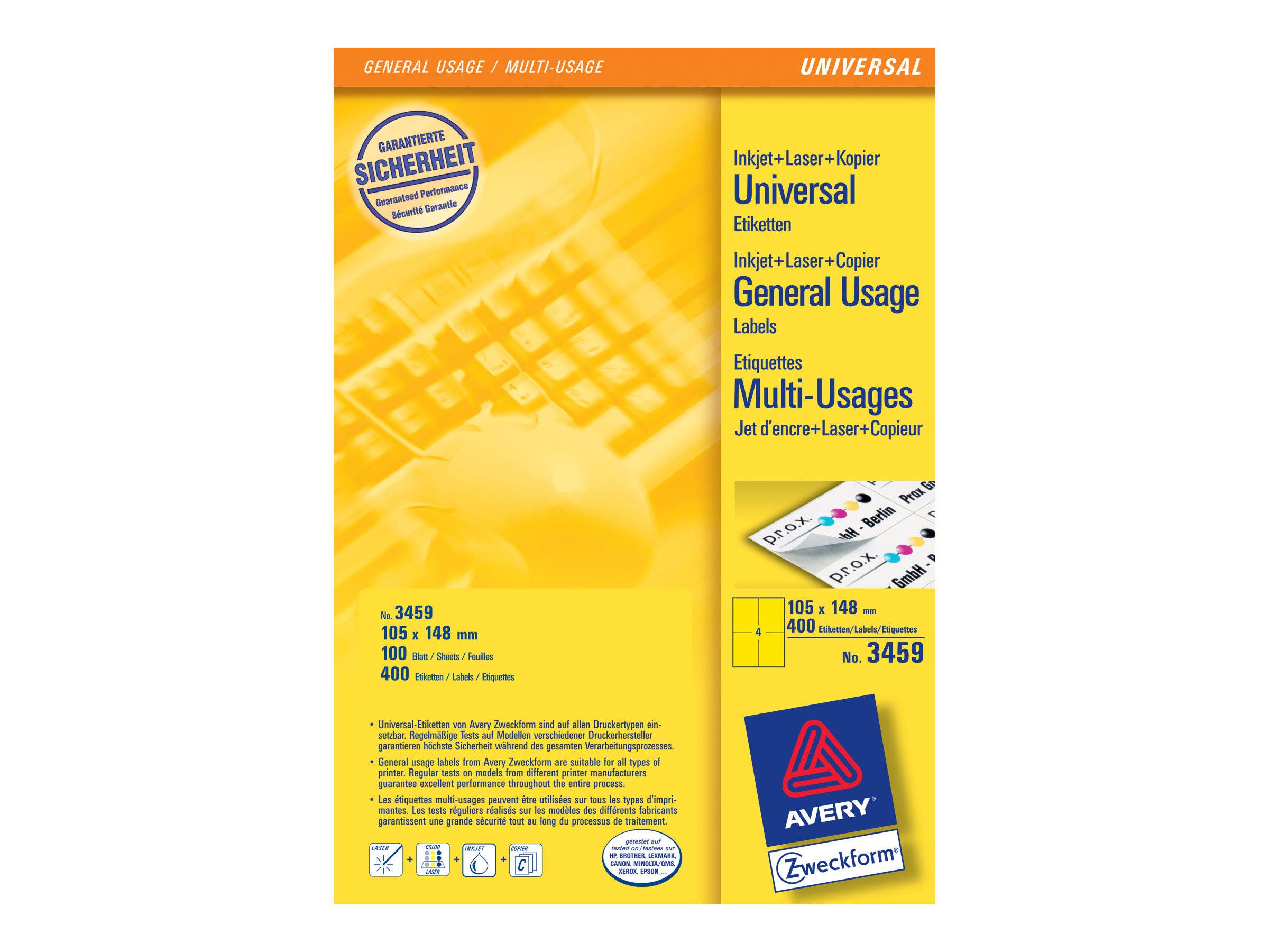 Avery Gele Labels A4 - 100 stuks (25 vellen x 4) (3459)