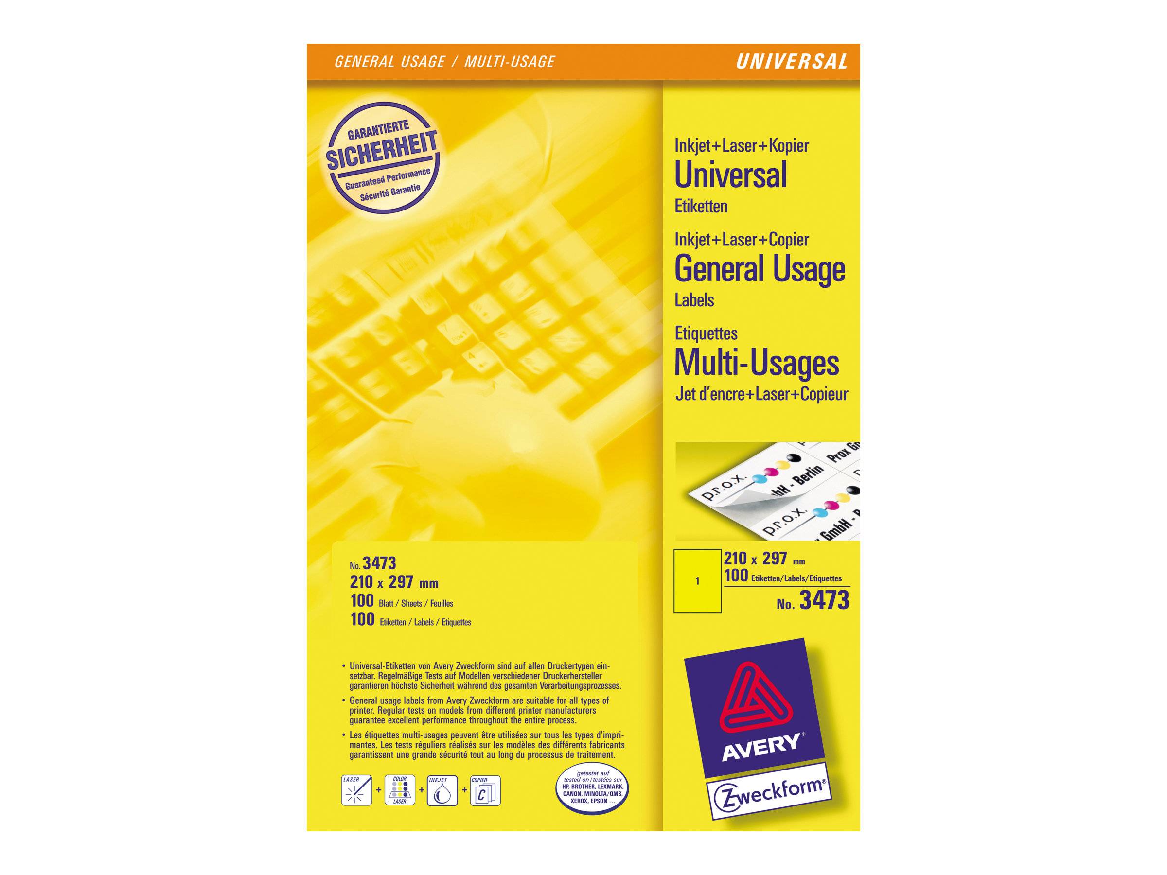 Avery Gele Etiketten A4 210 x 297 mm 100 stuks 3473