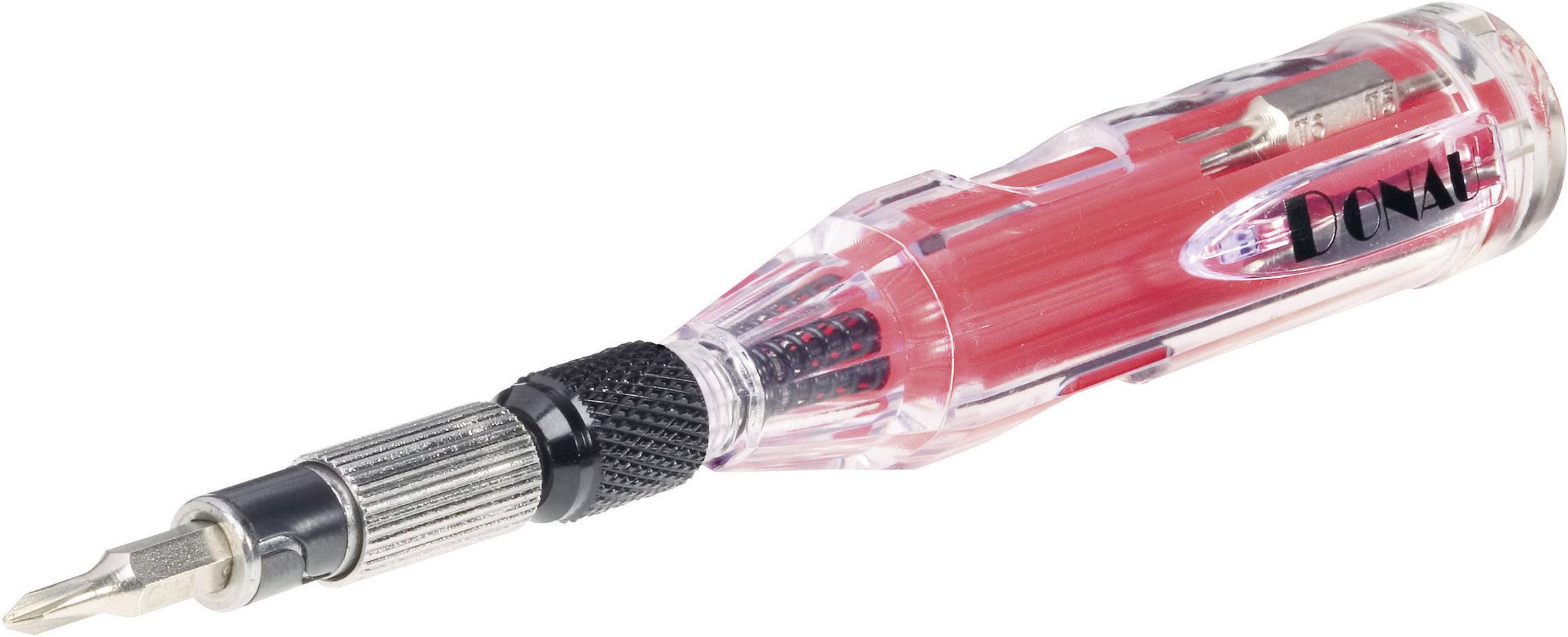 Een transparante schroevendraaier met een rood binnenwerk en een verwisselbare bit aan de voorkant.