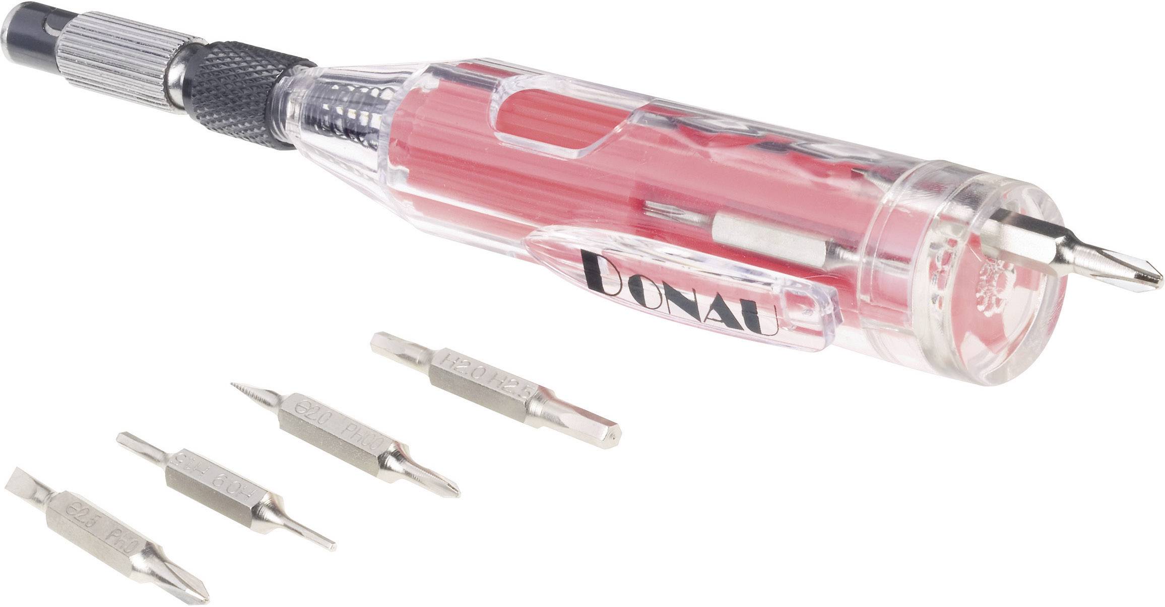 Transparante schroevendraaier met een rood-zwarte greep en een opschrift 'Donau'. Vier verwisselbare bits zijn ernaast geplaatst.