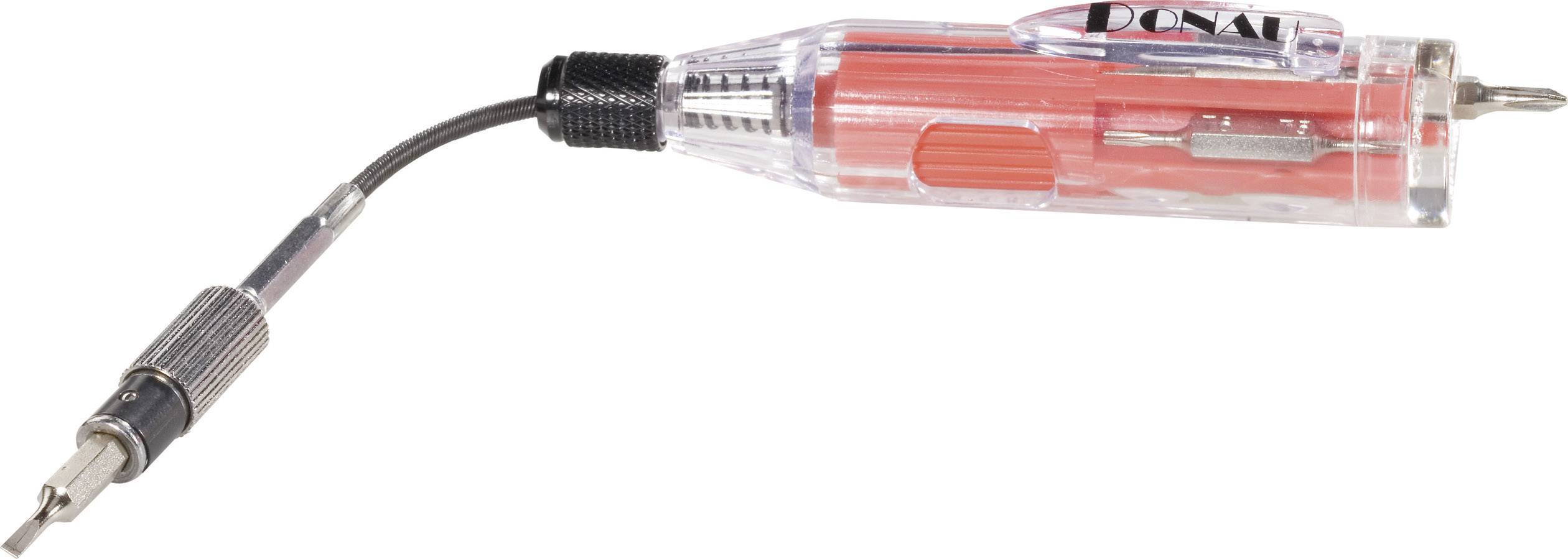 Een transparante spanningzoeker met een rode handgreep, zwart kabel en metalen punt voor veilige spanningsmetingen.