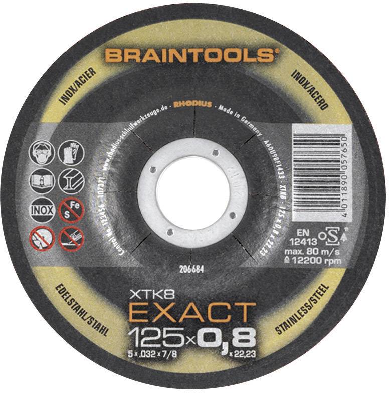Slijpschijf met opdruk 'BRAINTOOLS', voor roestvrij staal. Afmetingen: 125 x 0,8 mm. EN 12413, max. 80 m/s, 12200 tpm.