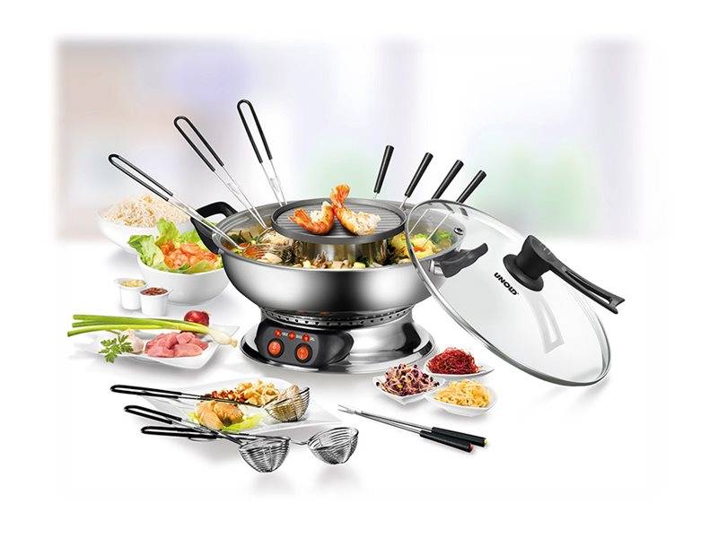 Unold Asia Fondue Fondue 1350 W 2 gescheiden temperatuurregelaars, 6 fonduevorkjes, Grillfunctie RVS-3