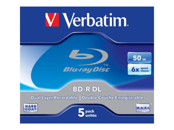1x5 Verbatim BD-R Blu-Ray 50GB 6x Speed, wit blauw Jewel Tas