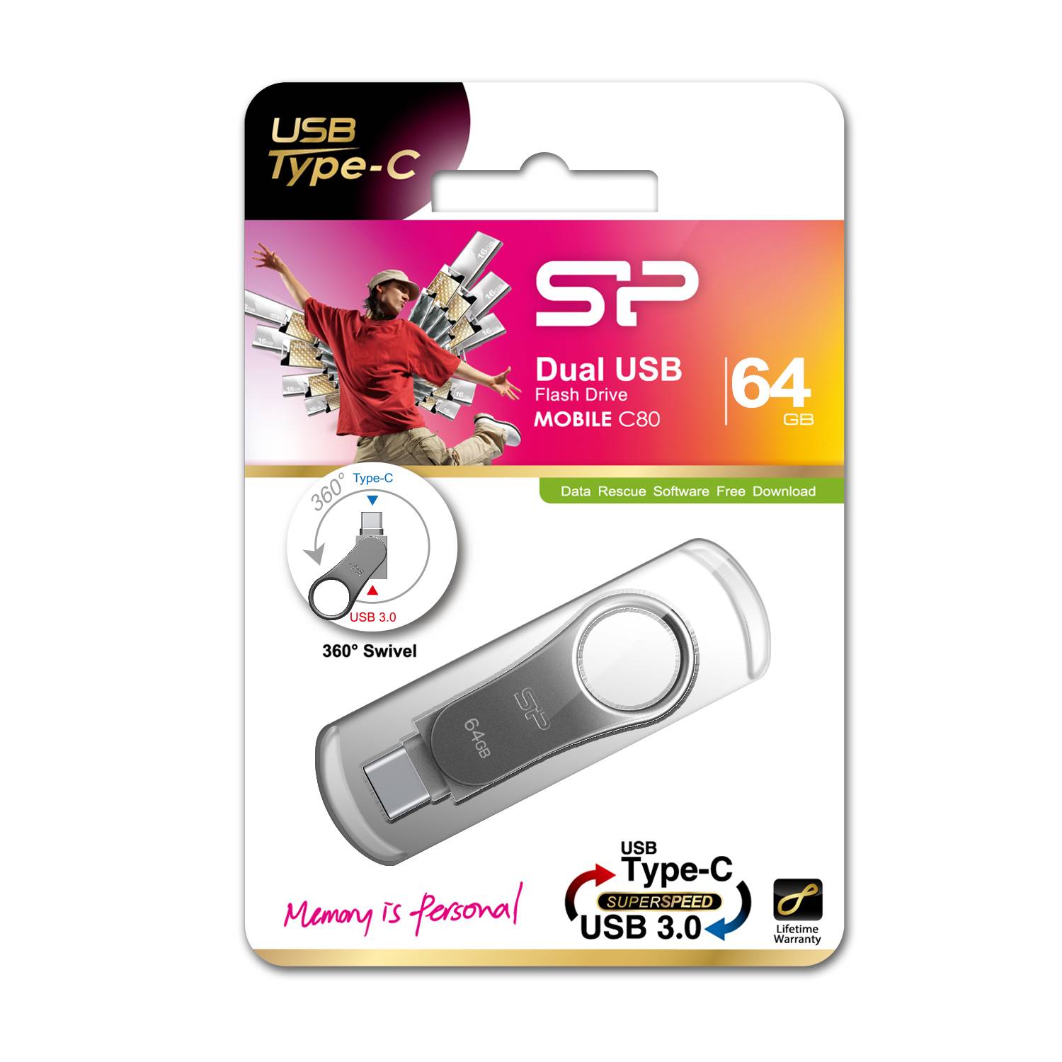 Silicon Power Mobile C80 USB-flashdrive 64 GB USB Type-A / USB Type-C 3.0 (3.1 Gen 1) Titanium-3